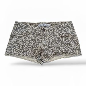 Woman's Beige & Grey Cheetah Print Cut Off Denim Shorts with Fringe  Size 7